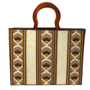 Vintage 1970s Crochet Knit Tortoise Top Handle Tote Bag Multicolor Bag